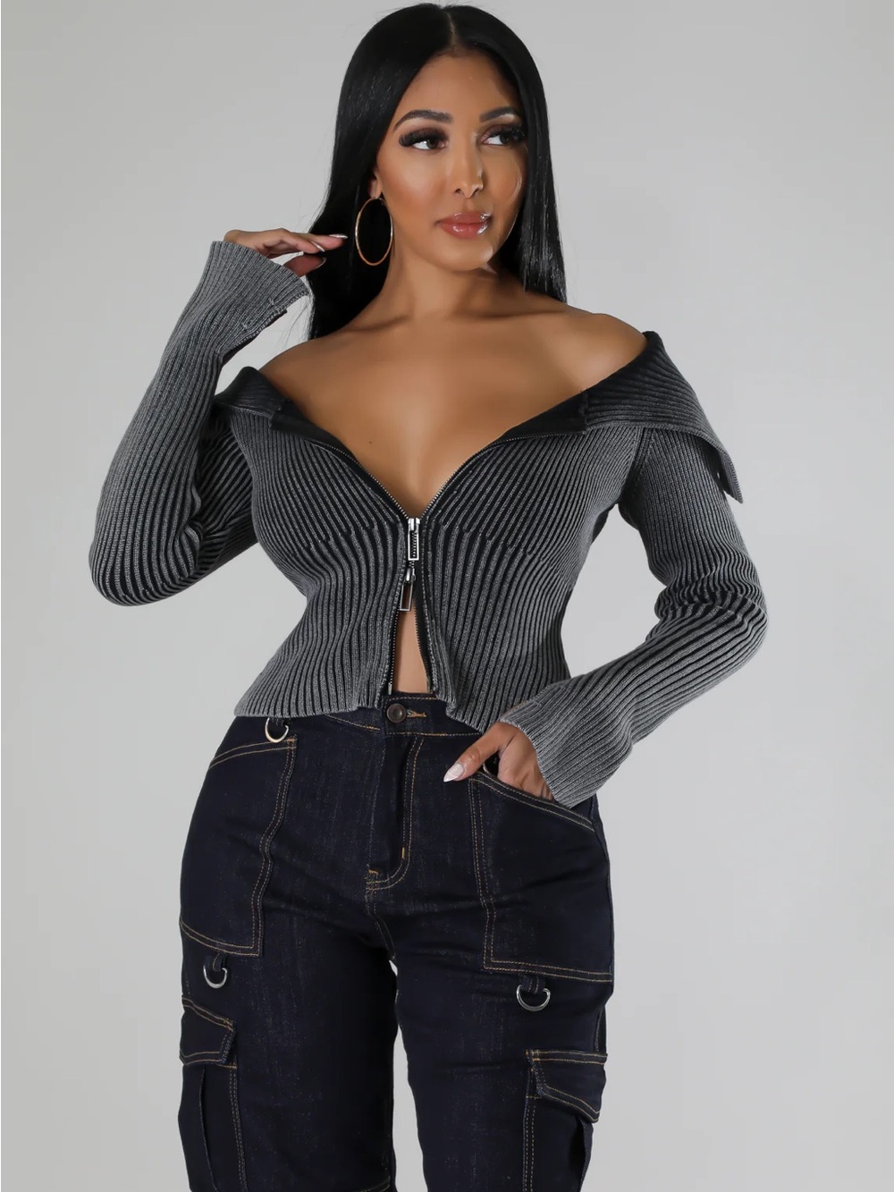 Off-Shoulder Ribbed Zip-Front Crop Top - Gray Size S